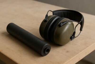 Modérateur de son et casque antibruit électronique sur un banc de tir