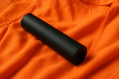 Modérateur de son posé sur un gilet de battue orange fluo