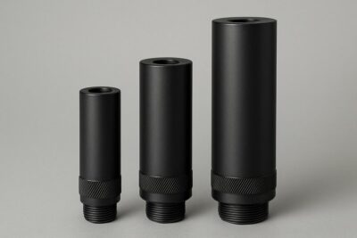 Trois modérateurs de son de tailles différentes alignés sur fond gris