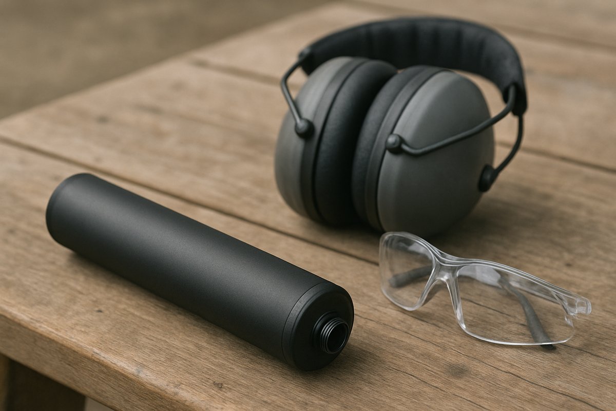 Modérateur de son, casque antibruit et lunettes de protection sur un établi