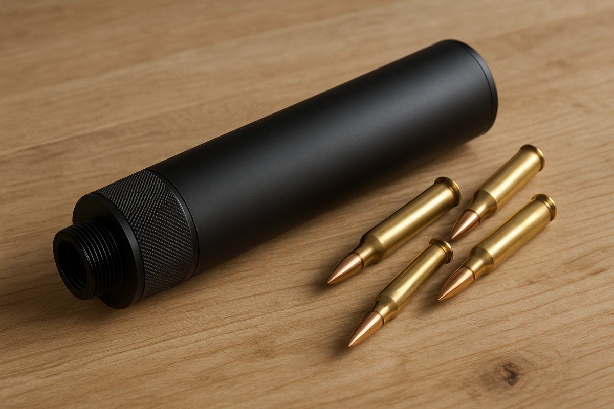 Silencieux VORTEX 8 et cartouches .222 Remington sur un établi