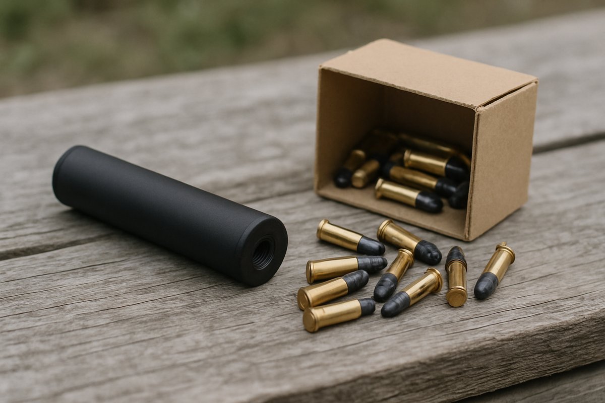 Petit modérateur de son VORTEX 22 et cartouches .22 LR sur une planche usée