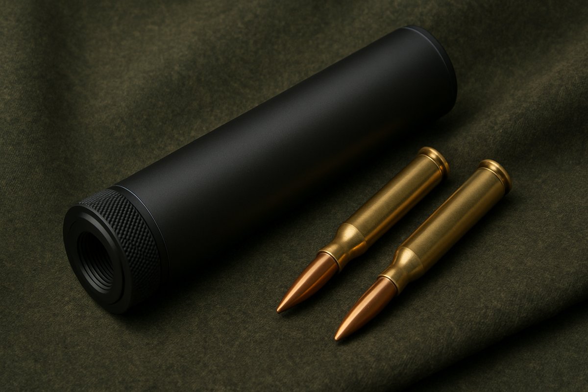 Silencieux VORTEX 8 posé sur un drap de loden, calibre 7x64
