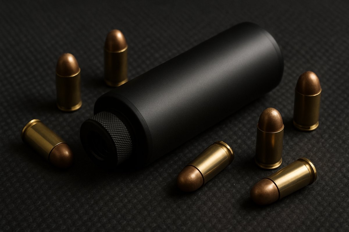 Réducteur de son 9 mm et cartouches 9x19 sur un tapis de tir noir