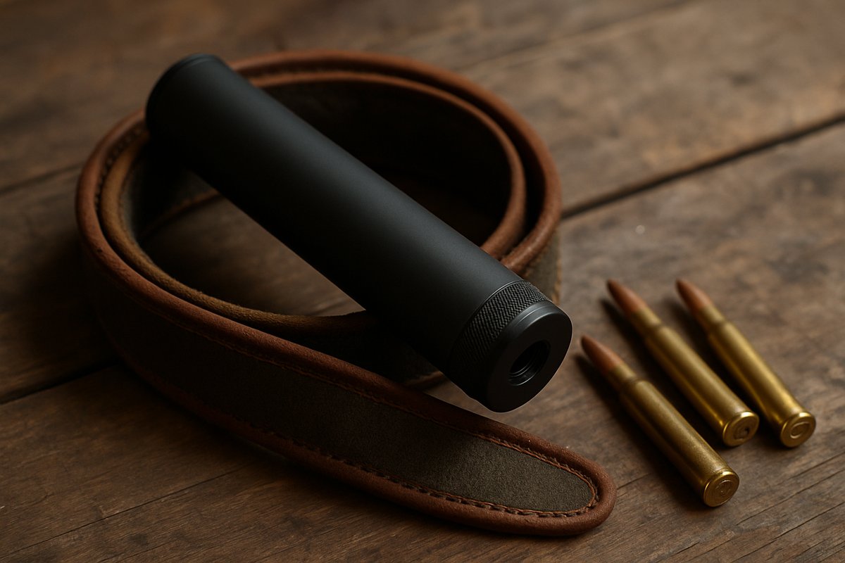 Modérateur de son VORTEX posé sur une bretelle de carabine en cuir et loden
