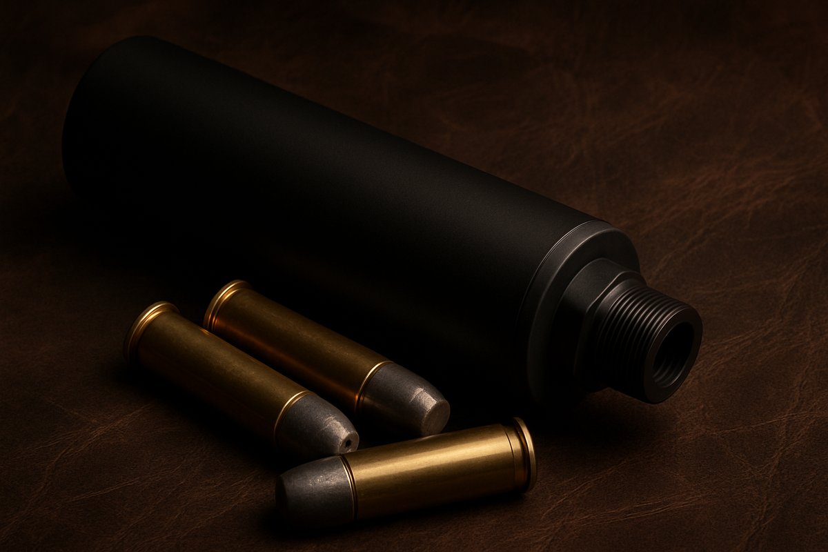Réducteur de son VORTEX MAGNUM et cartouches magnum sur cuir sombre